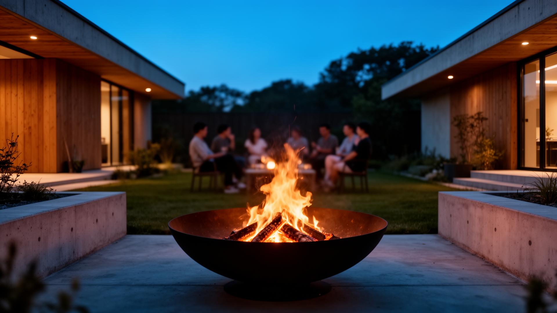 Ignis 001 encendido en un jardín moderno al anochecer